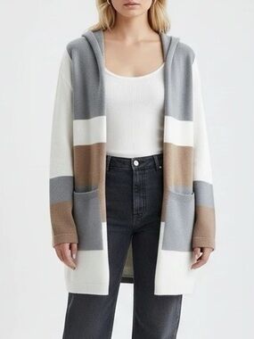 Neutral Striped Hooded Cardigan Sweater